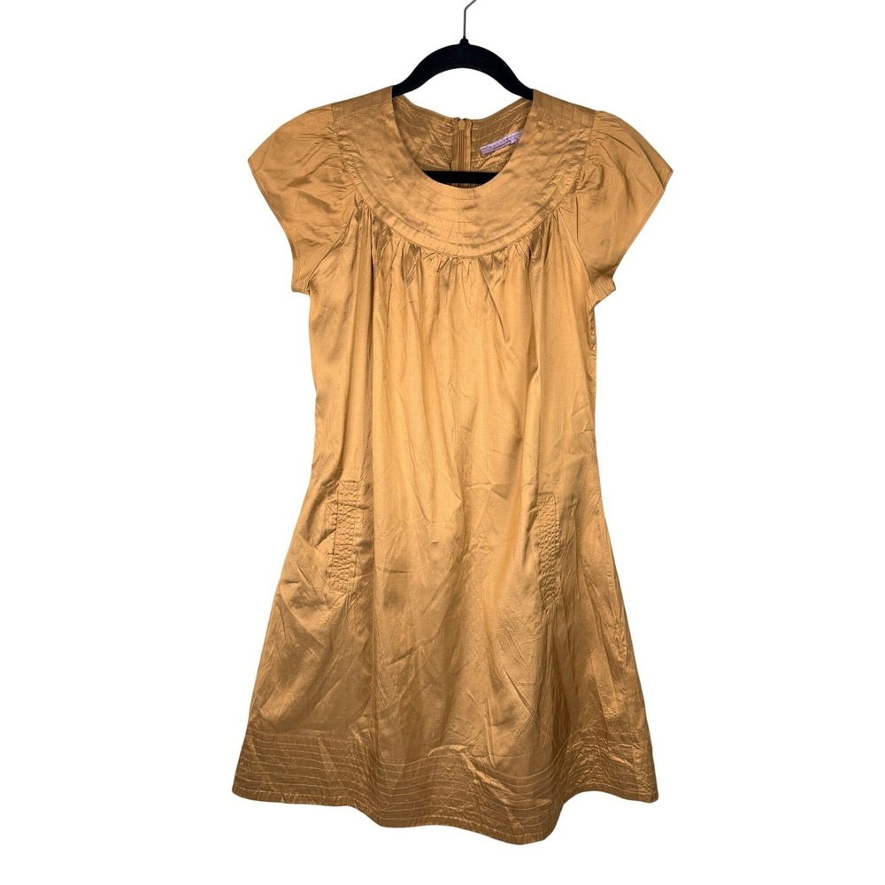 Calypso Christiane Gelle Raw Silk Dress Gold Cap Sleeve Gathered Neckline Size S